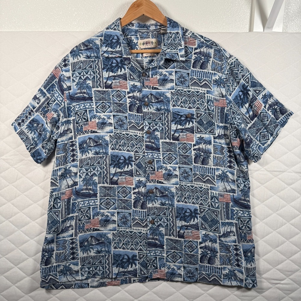 Campia Moda Hawaiian Shirt XL Rayon Patchwork USA Flag Palm Tree Aloha Blue